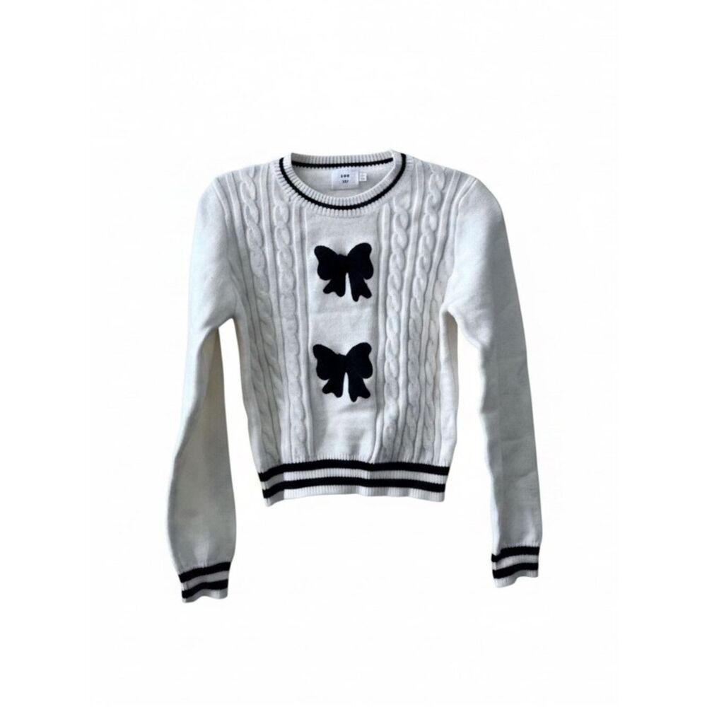 Luna Ivy Anthropologie Cable Knit Cropped Sweater Sz XS Bows Cream‎ Blk Stripes